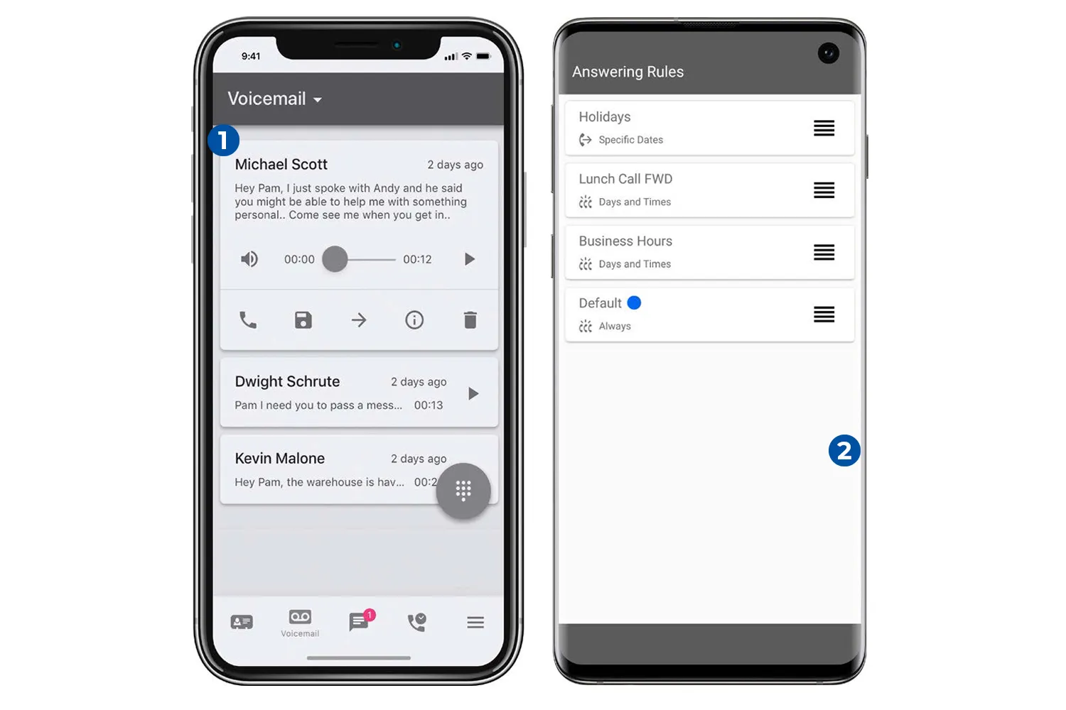Two smartphones showing voicemail messages and answering rules in the Cloud Connect app.